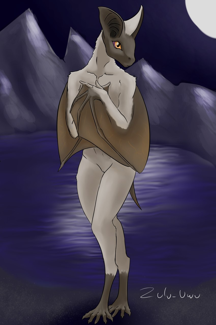 5_toes anthro barely_visible_genitalia barely_visible_pussy bat_wings big_ears claws covering covering_self detailed_background feet female genitals lake light looking_at_viewer membrane_(anatomy) membranous_wings moon moonlight mountain nude nude_anthro orange_eyes outdoor_nudity outside pussy short_tail shy sky solo tail toe_claws toes wings zulu_uwu bat long-eared_bat mammal 2:3 absurd_res hi_res