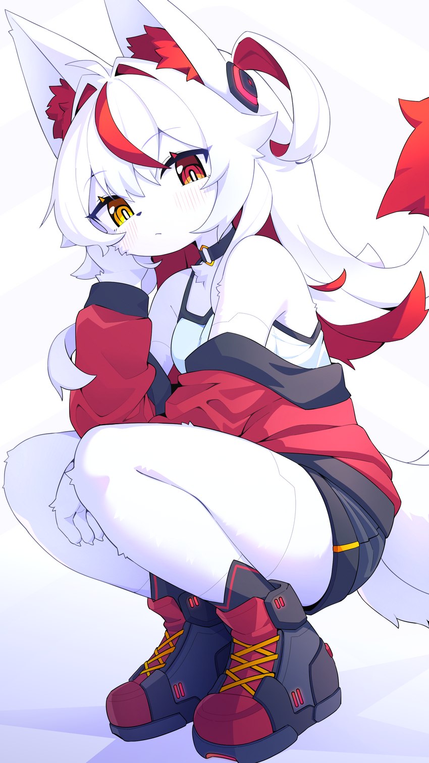 alternative_fashion anthro blush blush_lines breasts choker clothed clothing crouching female female_anthro footwear fur hair heterochromia inner_ear_fluff jewelry kemono looking_at_viewer necklace red_body red_eyes red_fur red_hair small_breasts solo tail tuft white_body white_fur white_hair yellow_eyes devil-vox knia_(devil-vox) canid canine fox mammal 2023 absurd_res digital_media_(artwork) hi_res