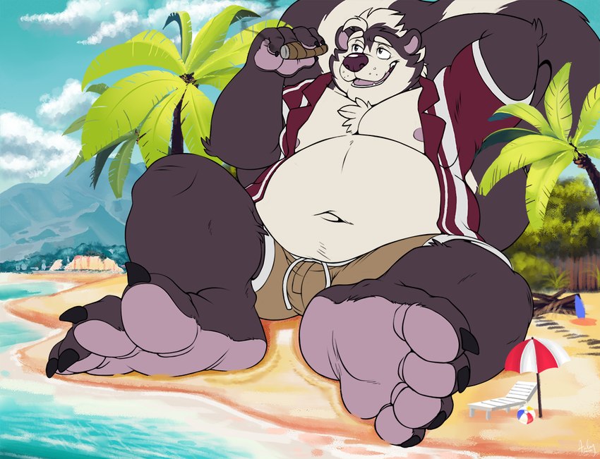 4_toes 5_fingers anthro ball barefoot beach beach_ball beach_chair belly black_body black_claws black_finger_claws black_fur black_toe_claws bottomwear brown_bottomwear brown_clothing brown_shorts bulge chest_tuft cigar claws clothed clothed_anthro clothed_male clothing cloud countershade_fur countershade_torso countershading day detailed_background eyebrows feet finger_claws fingers fur hair hand_behind_head holding_cigar holding_object inflatable macro macro_anthro macro_male male markings mountain multicolored_body multicolored_fur navel nipples open_clothing open_mouth open_shirt open_smile open_topwear outside overweight overweight_anthro overweight_male palm_tree pink_inner_ear pink_nipples plant red_clothing red_shirt red_topwear sand seaside shirt shorts sitting sitting_on_ground sky smile smoking smoking_cigar solo striped_body striped_fur striped_markings striped_tail stripes tail tail_markings teeth toe_claws toes tongue topwear tree tuft two_tone_body two_tone_fur two_tone_tail water white_body white_countershading white_eyebrows white_fur white_hair white_stripes arley_dog rukker_(teaselbone) mammal mephitid skunk striped_skunk 2022 digital_drawing_(artwork) digital_media_(artwork) signature