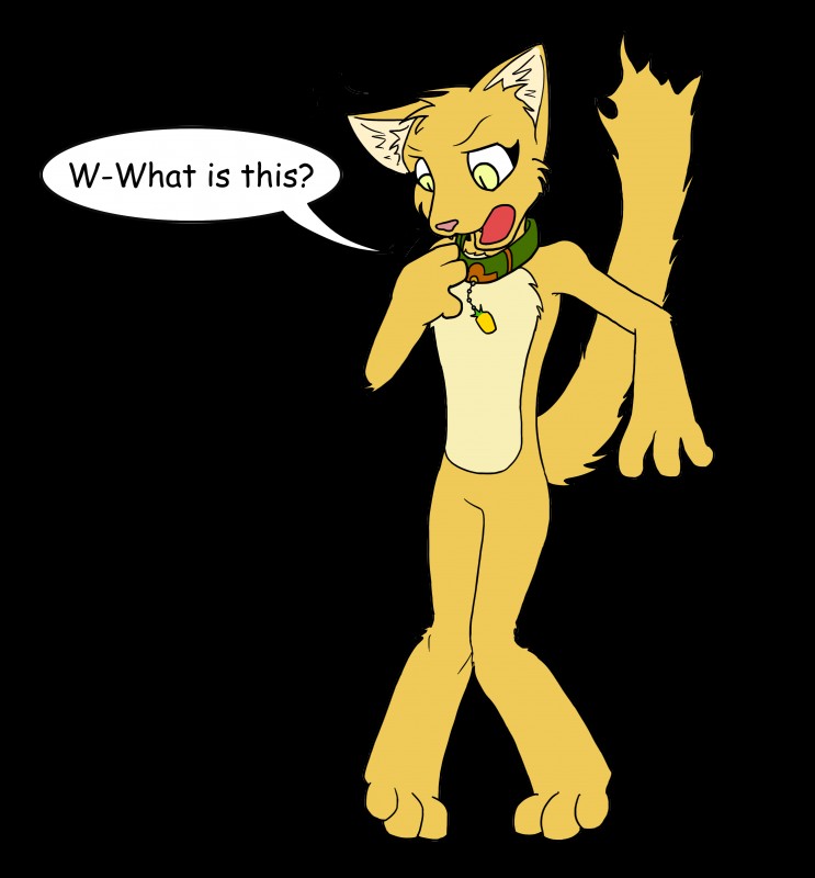 ambiguous_gender anthro biped collar collar_only dialogue featureless_crotch flat_chested fluffy fluffy_tail fur long_tail nude open_mouth pink_nose solo standing tail text yellow_body yellow_eyes yellow_fur sharkcatsg housepets! microsoft prequel_adventure the_elder_scrolls katia_managan domestic_cat felid feline felis khajiit mammal absurd_res alpha_channel english_text hi_res