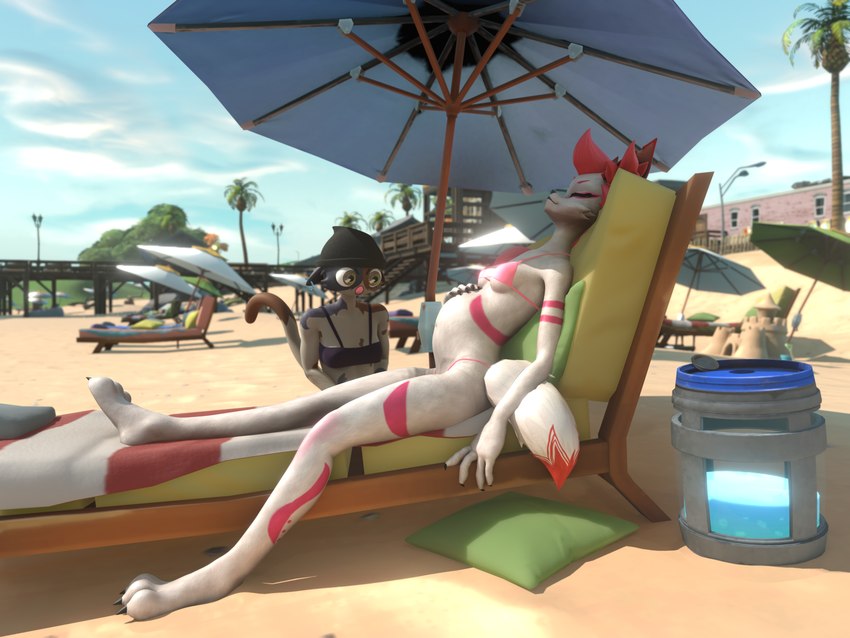 anthro beach beach_blanket beach_chair beach_umbrella beanie belly belly_expansion belly_inflation bikini bikini_bottom bikini_top breasts chug_jug clothing duo expansion eyes_closed female fur fur_markings hair hat headgear headwear inflation lying markings on_back parasol pillow pink_hair sand sitting sitting_on_ground small_breasts swimwear tail thin_calves thin_legs thin_thighs two-piece_swimsuit white_body anonymous_artist blender_eevee epic_games fortnite kimiko_five-tails meow_skulls canid canine domestic_cat felid feline felis fox mammal 3d_(artwork) 4:3 absurd_res blender_(artwork) digital_media_(artwork) hi_res