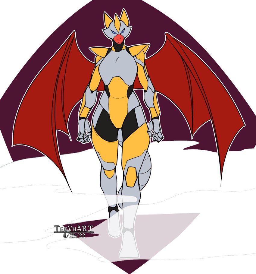 anthro armor breasts female headgear helmet high_tech mask medium_breasts membrane_(anatomy) membranous_wings red_body red_scales scales smoke solo superhero tail walking wearing_helmet wings trevhart mythology setta_flamowitz dragon mythological_creature mythological_scalie scalie 2022 hi_res