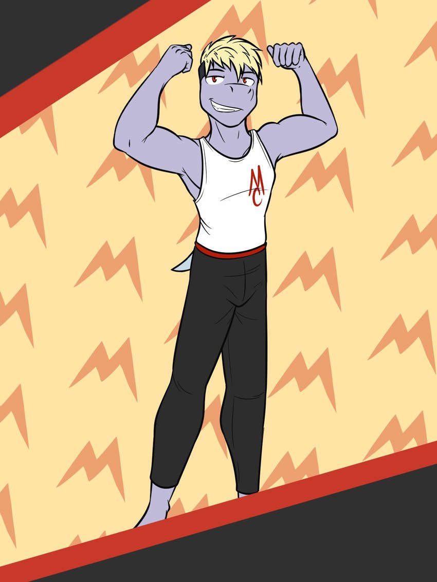 abstract_background anthro anthrofied bottomwear clothed clothing flexing fully_clothed male pants pokemorph shirt solo tank_top topwear fuze nintendo pokemon rex_(fuze) generation_1_pokemon machop pokemon_(species) 3:4 hi_res