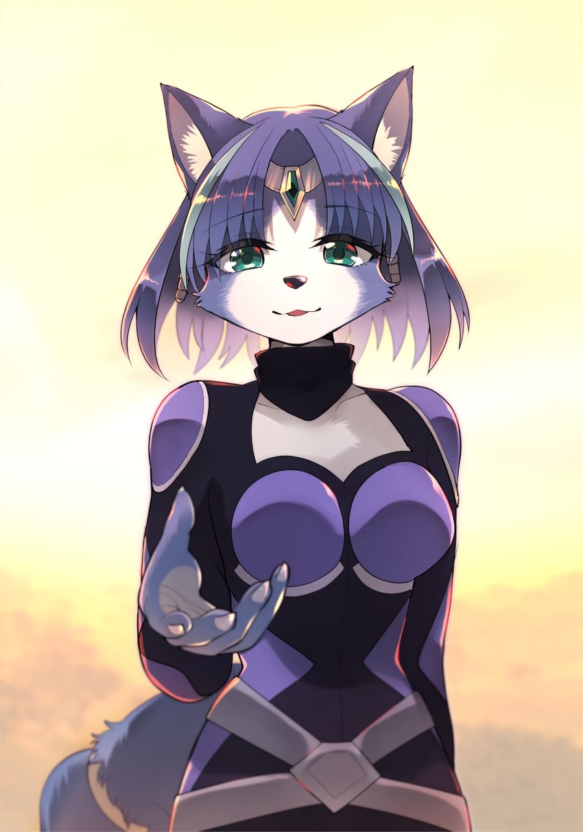 accessory anthro blue_body blue_fur blue_hair bodysuit breasts clothing female fur furgonomics green_eyes hair hair_accessory inner_ear_fluff skinsuit smile solo tail tail_accessory tailband tight_clothing tuft namagakiokami nintendo star_fox krystal_(star_fox) canid canine fox mammal 2021 hi_res