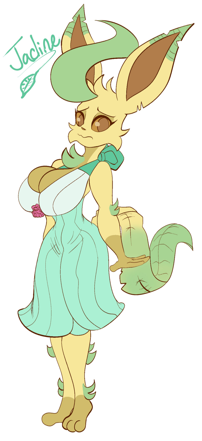 anthro anthrofied big_breasts breasts cleavage clothed clothing dress female looking_at_viewer pokemorph solo text solratic nintendo pokemon eeveelution generation_4_pokemon leafeon pokemon_(species) english_text hi_res