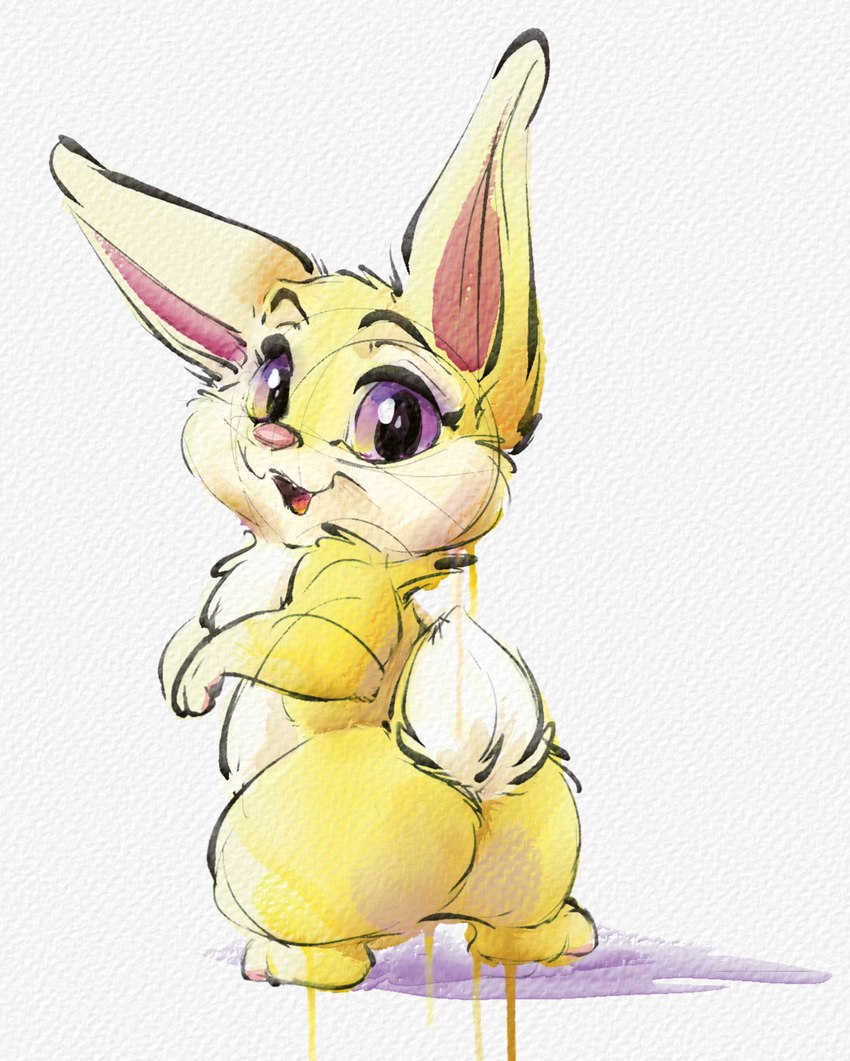 anthro female fur looking_at_viewer looking_back open_mouth pink_nose purple_eyes simple_background smile solo tail white_background white_body white_fur yellow_body yellow_fur carrot_(artist) carrot_(carrot) lagomorph leporid mammal rabbit 2022 hi_res