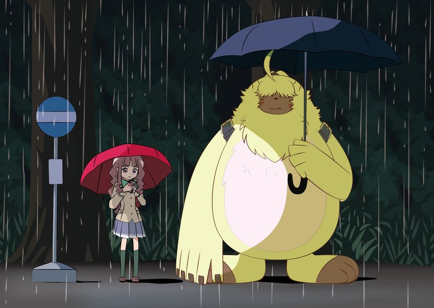 anthro brown_hair duo female fluffy_chest fur hair hair_over_eyes long_ears long_hair male ponytail_ears raining umbrella yellow_body yellow_fur cheungsk1213 bandai_namco digimon digimon_ghost_game ghibli my_neighbor_totoro totoro_bus_stop ruri_tsukiyono angoramon digimon_(species) human lagomorph leporid mammal rabbit hi_res