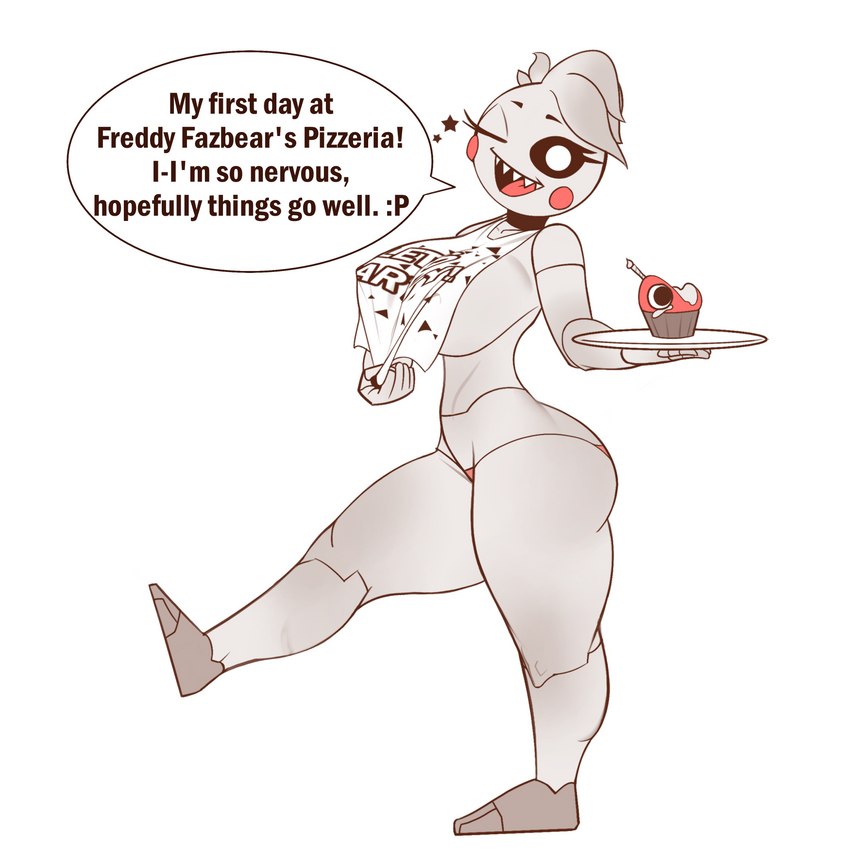 anthro beakless bib big_breasts breasts butt clothing cupcake exclamation_point female food holding_plate machine non-mammal_breasts one_eye_closed plate solo speech_bubble text thick_thighs thong underwear linkz_artz five_nights_at_freddy's five_nights_at_freddy's_2 scottgames toy_chica_(fnaf) animatronic avian bird chicken galliform gallus_(genus) phasianid robot 1:1 2022 absurd_res digital_media_(artwork) english_text hi_res monochrome