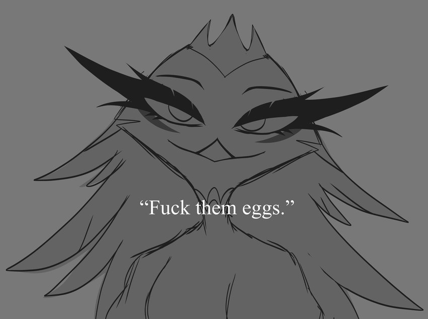 anthro crown eyelashes female fur grey_background grey_body grey_fur grey_hair hair headgear long_eyelashes long_hair looking_at_viewer profanity quotation_marks quote simple_background smile solo text white_text teathekook helluva_boss stella_(helluva_boss) avian bird owl owl_demon hi_res monochrome