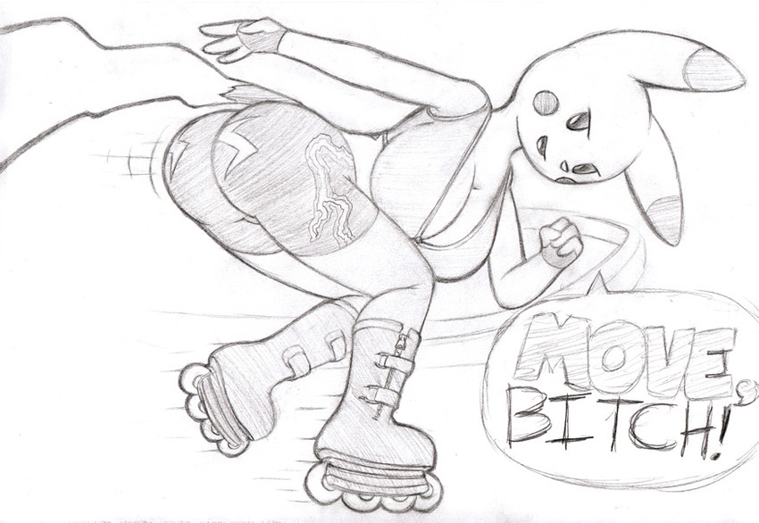 anthro anthrofied athletic_wear bent_over big_breasts big_butt bottomwear breasts butt butt_pose cleavage clothed clothing dialogue female fingerless_gloves gloves handwear inline_skates looking_at_viewer pokemorph pose roller_skates roller_skating shorts solo text norithics nintendo pokemon rip_slyme generation_1_pokemon pikachu pokemon_(species) english_text