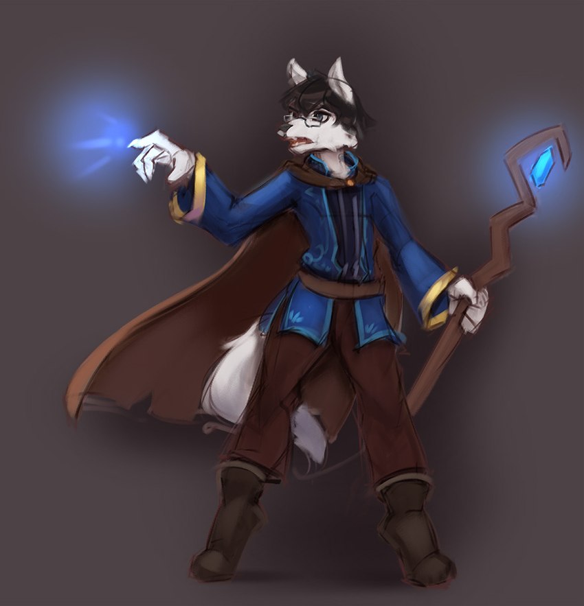 anthro black_hair boots cape casting_spell clothing digitigrade eyewear footwear fur glasses hair holding_object holding_staff magic male shoes simple_background solo staff standing white_body white_fur temils doggylaw canid canine canis domestic_dog mammal 2020