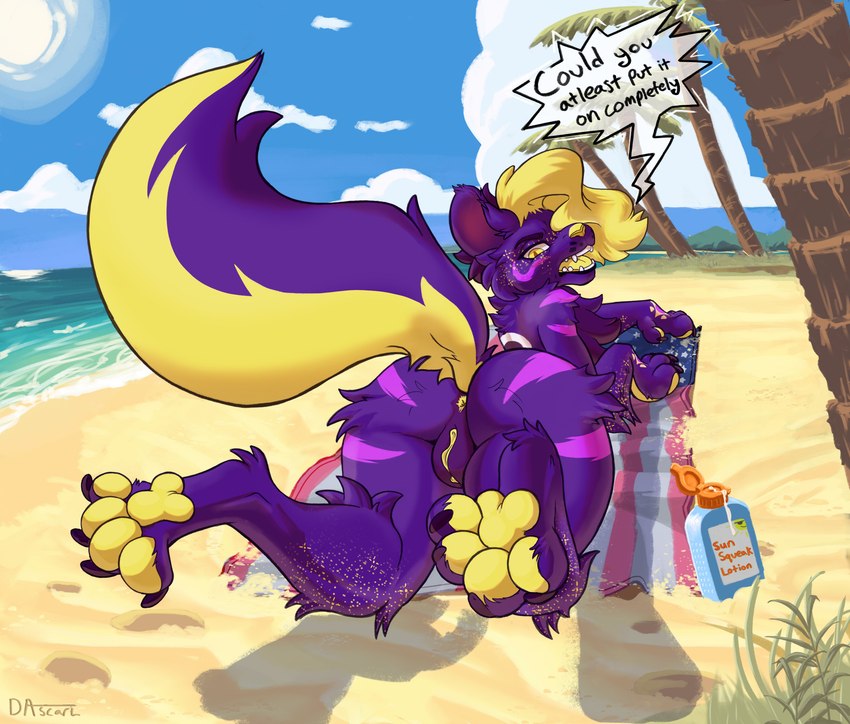 anthro anus beach blonde_hair blush butt feet female genitals hair hindpaw lying nude nude_beach on_front pawpads paws pussy seaside solo towel yellow_anus yellow_pawpads yellow_pussy dascarl canid canine mammal absurd_res hi_res