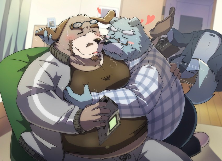 anthro belly big_belly bottomwear brown_body clothing duo eyes_closed eyewear facial_hair glasses humanoid_hands inside kemono male male/male mature_male mustache overweight overweight_male pants shirt sitting topwear emufu canid canine canis domestic_dog mammal 2022 hi_res