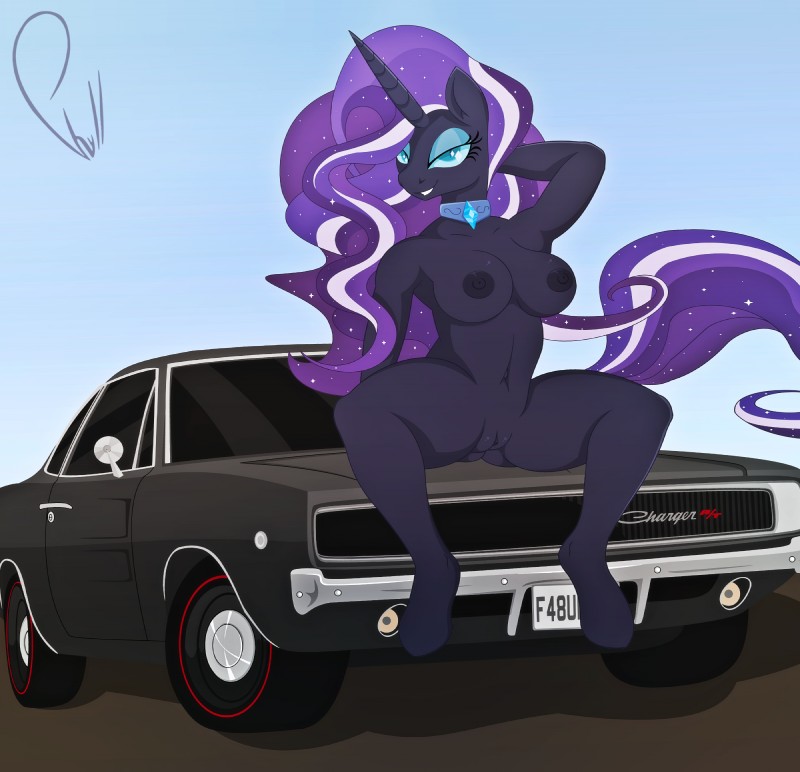 anthro big_breasts breasts car car_hood_pose female fur genitals hooves horn motor_vehicle nipples nude on_hood outside pose pussy sitting_on_car sitting_on_vehicle sky solo spread_legs spreading unguligrade vehicle phylloaurea dodge_(brand) dodge_charger hasbro idw_publishing my_little_pony my_little_pony_(idw) mythology nightmare_rarity_(idw) equid equine mammal mythological_creature mythological_equine unicorn hi_res signature