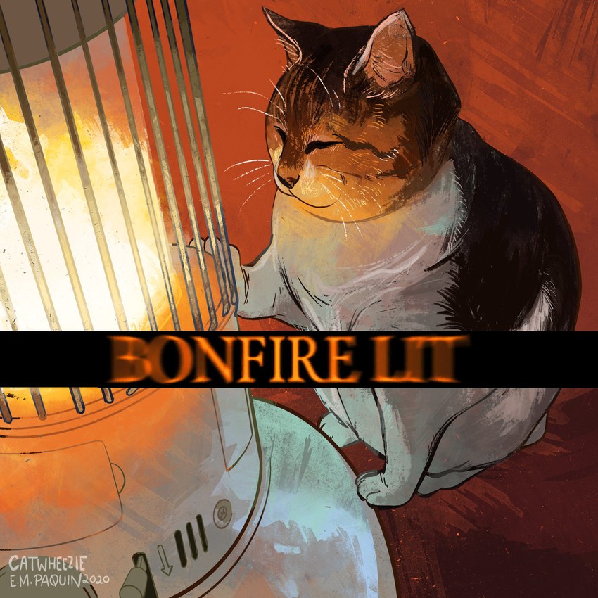 ambiguous_gender brown_body brown_fur eyes_closed feral fire fur heater humor inside machine sitting solo text whiskers white_body white_fur catwheezie dark_souls fromsoftware domestic_cat felid feline felis mammal 1:1 2020 absurd_res artist_name english_text hi_res signature