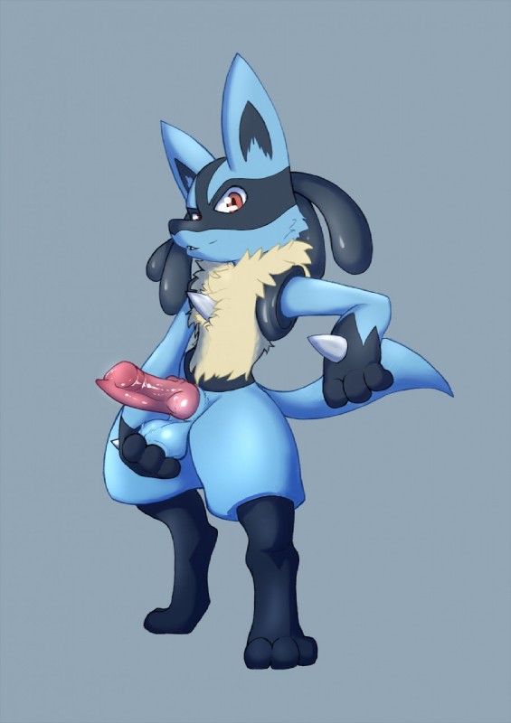 animal_genitalia animal_penis anthro ball_fondling balls blue_balls blue_body canine_genitalia canine_penis erection fondling genitals holding_balls knot looking_at_viewer male nude penis pink_penis simple_background solo floorninja nintendo pokemon generation_4_pokemon lucario pokemon_(species) hi_res