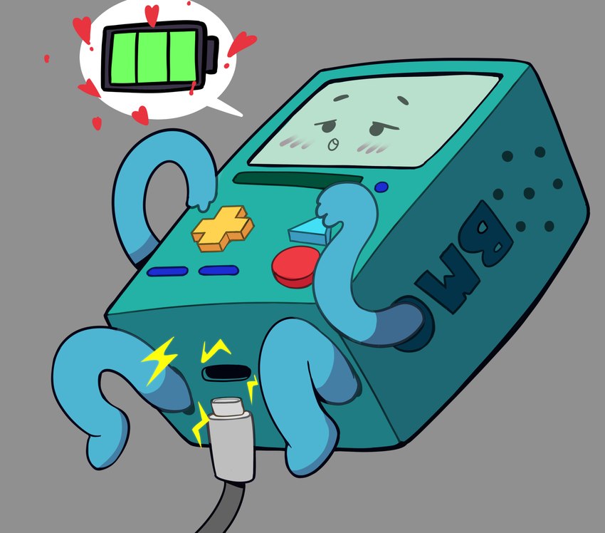 blush electricity electrostimulation female green_body heart_symbol looking_pleasured lying machine not_furry on_back open_mouth simple_background solo usb_cable usb_compatible usb_port lurkin adventure_time cartoon_network bmo robot 2023 hi_res