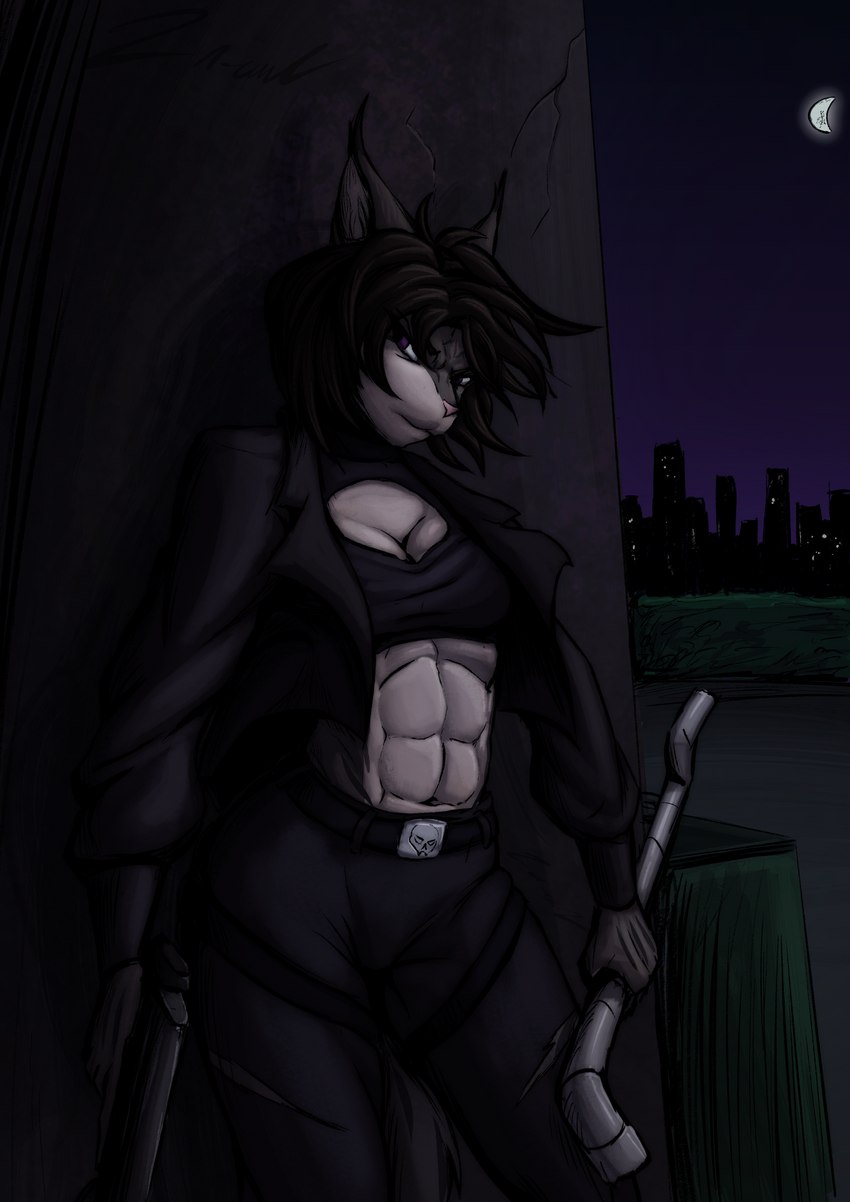 abs angry anthro athletic city city_background clothing cracked_wall dark_clothing dark_hair dumpster female flowing_hair gun hair holding_object holding_weapon jacket looking_away midriff moon muscular muscular_female night pipe purple_eyes ranged_weapon solo submachine_gun topwear wall_(structure) weapon wind za-owl elwyna_(za-owl) domestic_cat felid feline felis mammal 2023 absurd_res hi_res