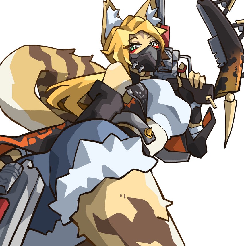 anthro big_breasts blonde_hair bottomwear breasts butt clothing denim denim_bottomwear denim_clothing denim_shorts ears_up female fur green_eyes gun hair looking_at_viewer looking_down mask ranged_weapon shirt shorts solo tank_top thick_thighs topwear weapon white_body white_fur yellow_body yellow_fur notus49 mihoyo zenless_zone_zero pulchra_fellini domestic_cat felid feline felis mammal thiren hi_res