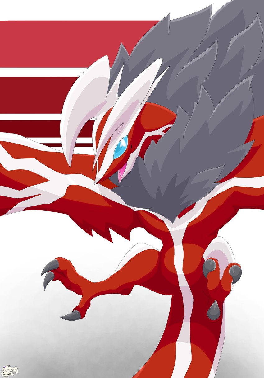 ambiguous_gender anthro blue_eyes claws feathers featureless_crotch feral fur horn looking_at_viewer open_mouth red_body simple_background smile solo tail tongue white_body wings drayyko nintendo pokemon generation_6_pokemon legendary_pokemon pokemon_(species) shiny_pokemon yveltal absurd_res digital_media_(artwork) hi_res shaded signature