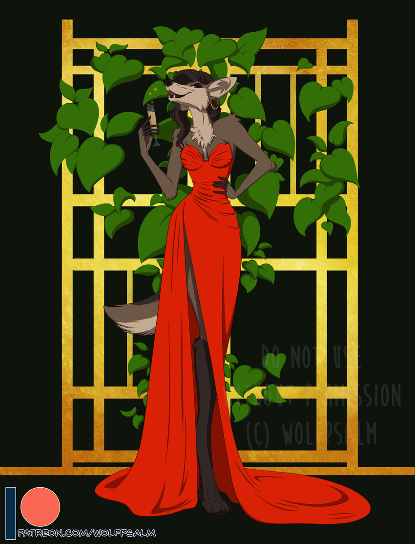 anthro champagne_glass clothed clothing container cup dress drinking_glass female glass glass_container glass_cup long_legs red_clothing red_dress smile solo wolfpsalm psalm_(wolfpsalm) canid canine mammal maned_wolf hi_res