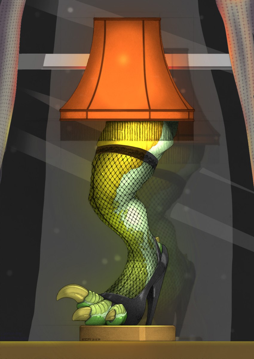 ambiguous_gender claws clothing curtains feet fishnet_clothing fishnet_legwear footwear high_heels lamp lamp_shade legwear scales shoes solo thigh_highs toes window bluedraggy ecmajor third-party_edit a_christmas_story leg_lamp 2021 color_edit colored hi_res signature