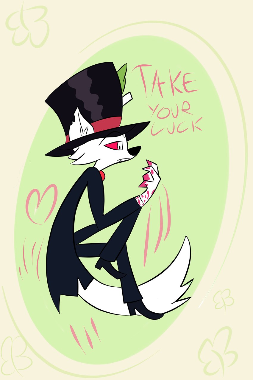 anthro card card_template clothing feathers footwear hat headgear headwear heart_symbol male shoes solo mrfoxluck helluva_boss fan_character mr._fox_harth_(take_your_luck) arctic_fox canid canine demon fox mammal true_fox 2:3 absurd_res hi_res