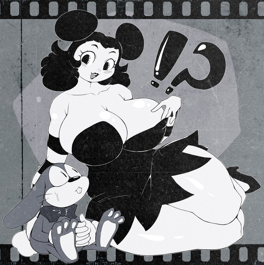 1930s_theme 5_fingers anthro arm_socks armwear big_breasts black_clothing black_dress black_eyes black_hair black_lipstick bodily_fluids breasts clothing dress duo eye_contact female female_human film_reel fingers fingers_crossed fleischer_style_toon fur grey_body grey_fur hair huge_breasts lipstick looking_at_another makeup male size_difference sweat thick_thighs toony toony_eyes white_body dragoontequila_(artist) nestor_the_rabbit_(joaoppereiraus) sally_mcboing_(joaoppereiraus) human lagomorph leporid mammal rabbit absurd_res hi_res