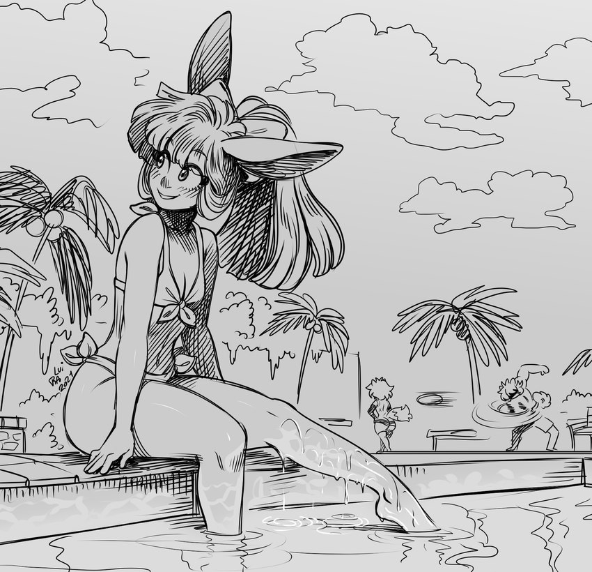 anthro clothing female solo swimwear lui-ra lagomorph leporid mammal rabbit hi_res monochrome