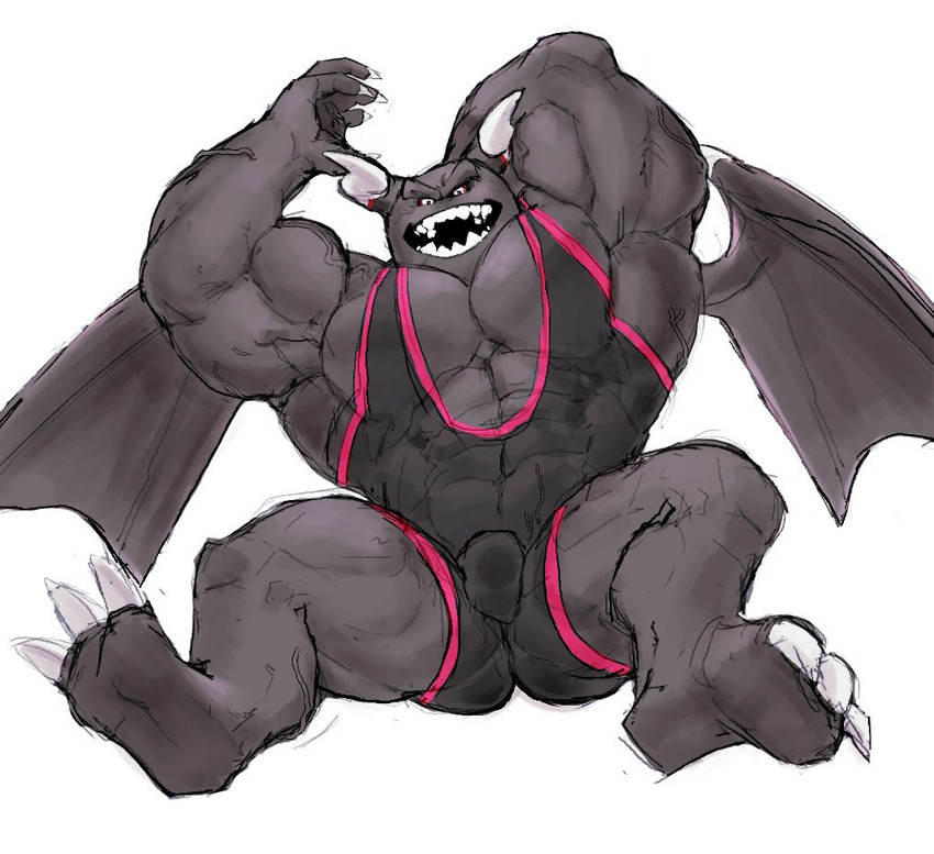 abs anthro barazoku biceps big_muscles black_body bulge claws feet hand_behind_head horn looking_at_viewer male muscular muscular_anthro muscular_male open_mouth open_smile pecs simple_background sitting smile soles solo white_background wings wrestling_singlet tora_gy mythology nintendo ring_fit_adventure dragaux dragon mythological_creature mythological_scalie scalie 2020