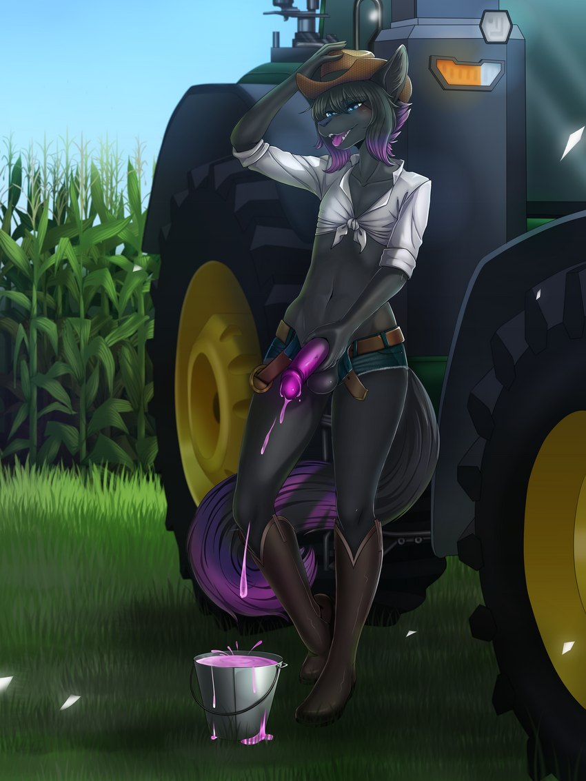 anthro bodily_fluids boots bucket clothing colored_cum container cowboy cowboy_boots cowboy_hat cum farm farmboy farmer femboy footwear genital_fluids genitals hat headgear headwear male outside penis prosthetic purple_cum purple_penis shoes solo tractor unusual_bodily_fluids unusual_cum unusual_genital_fluids vehicle laralila suerte deity domestic_cat felid feline felis mammal 3:4 absurd_res hi_res