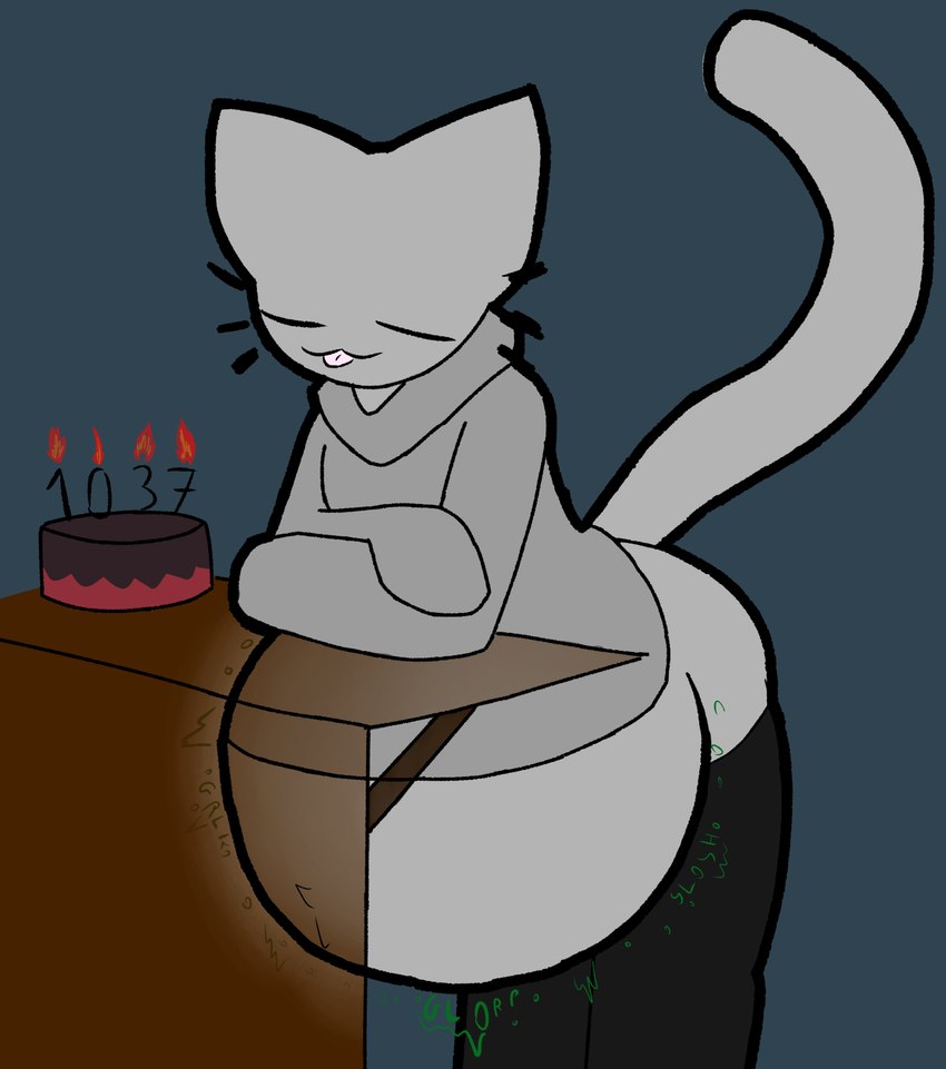 :3 ambiguous_gender ambiguous_prey anthro anthro_pred belly belly_tuft big_belly biped black_clothing black_legwear black_thigh_highs blep bodily_noises butt cake candle closed_smile clothed clothing crossed_arms dessert digestion digestion_noises ears_up eyes_closed female female_anthro female_pred floating_whiskers food fully_inside fur glorp green_text grey_belly grey_body grey_butt grey_clothing grey_ears grey_face grey_fur grey_sweater grey_tail grey_topwear huge_belly leaning leaning_forward legwear long_sleeves long_tail monotone_background monotone_belly monotone_body monotone_butt monotone_clothing monotone_face monotone_fur monotone_legwear monotone_sweater monotone_tail monotone_thigh_highs monotone_topwear mostly_clothed mostly_clothed_anthro mostly_clothed_female mouth_closed no_underwear number_candle onomatopoeia prick_ears raised_tail resting_on_arms rumbling_stomach same_size_vore shortened_sound_effect simple_background sleeves_past_wrists slosh sloshing_belly smile soft_vore solo sound_effect_variant sound_effects sweater tail text thigh_highs three-quarter_view tight_clothing tight_sweater tight_topwear tongue tongue_out topwear translucent_desk translucent_furniture tuft unseen_prey vore vowelless vowelless_sound_effect tcsrjx emily_(tcsrjx) domestic_cat felid feline felis mammal 2023 digital_media_(artwork) flat_colors hi_res portrait three-quarter_portrait female_(lore)