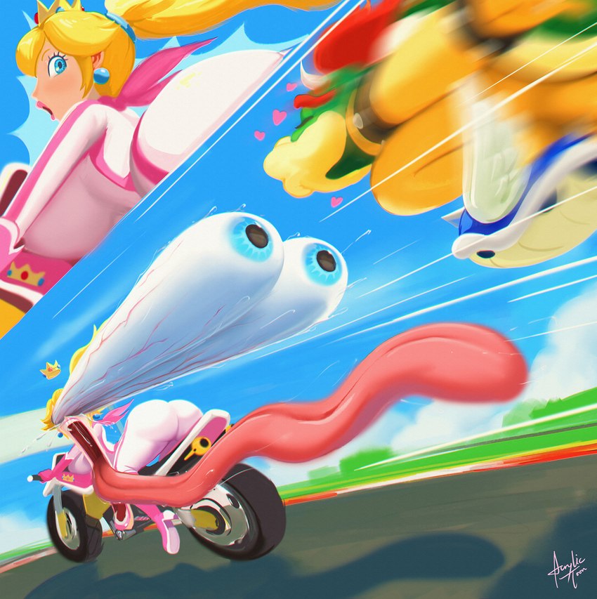 anthro big_breasts big_butt blonde_hair blue_eyes blue_shell breasts butt crown duo eyes_popping_out female flying hair headgear huge_breasts kissy_face kissy_lips male motorcycle outside shell tongue tongue_out vehicle acrylictoon mario_bros nintendo bowser princess_peach human koopa mammal scalie hi_res