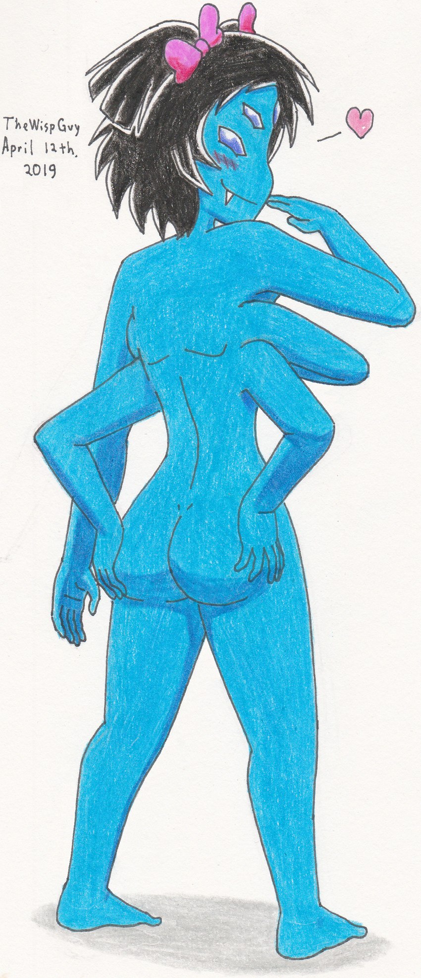 5_eyes 6_arms anthro big_butt black_hair blue_body blue_sclera blush blush_lines butt fangs female hair hand_on_butt heart_symbol looking_at_viewer looking_back looking_back_at_viewer multi_arm multi_eye multi_limb nude pigtails pink_bow rear_view short_hair simple_background smile solo teeth thick_thighs white_background white_eyes wide_hips thewispguy undertale undertale_(series) muffet arachnid arthropod spider absurd_res hi_res traditional_media_(artwork)