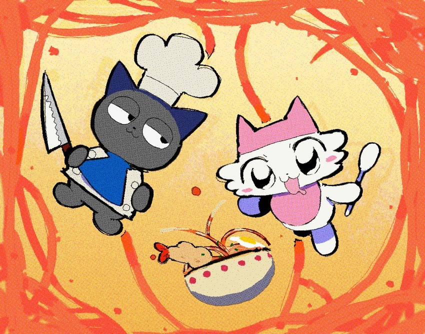 ambiguous_gender anthro chef_hat chibi clothed clothing cutlery duo food hat headgear headwear kitchen_utensils knife narrowed_eyes noodles ramen spoon tempura tools chusudu domestic_cat felid feline felis mammal