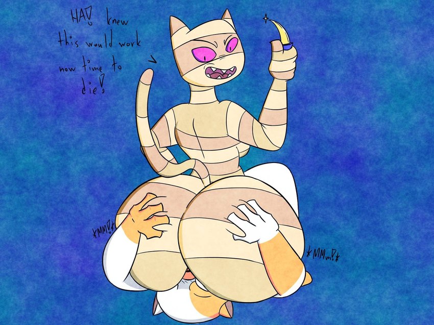 anthro big_butt butt butt_grab dagger duo facesitting female female/female fur hand_on_butt melee_weapon multicolored_body multicolored_fur purple_eyes sitting_on_another text two_tone_body two_tone_fur weapon titaniumtonail adventure_time cartoon_network cake_the_cat me-mow domestic_cat felid feline felis mammal mummy undead 4:3 hi_res