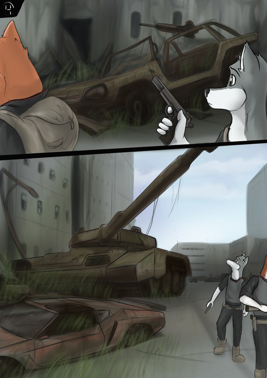 abandoned abandoned_city alex_last_resource anthro car city duo exploration holding_object holding_weapon leo_last_resource male male/male military_vehicle sports_car tank vehicle walking walking_towards_viewer weapon wolfyalex96 canid canine mammal comic hi_res