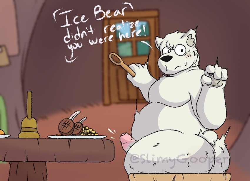 anthro chair erection foreskin furniture genitals male nude penis solo table hornypurpproto slimygooper cartoon_network we_bare_bears ice_bear_(we_bare_bears) bear mammal polar_bear ursine