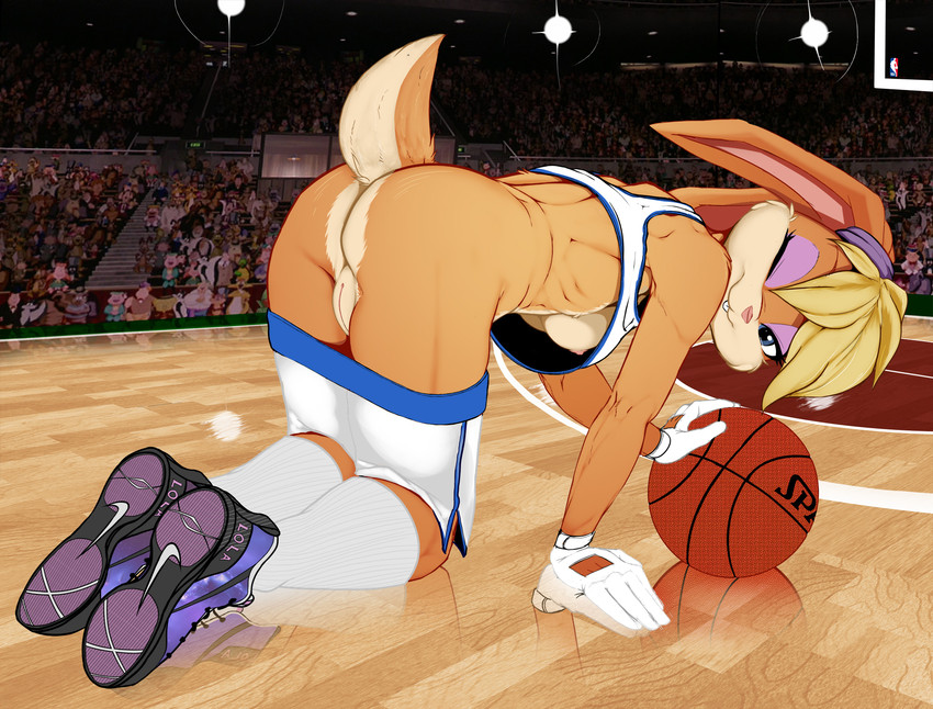 all_fours anthro ball basketball basketball_(ball) blonde_hair blue_eyes bottomwear bottomwear_down breasts brown_body brown_fur brown_tail buckteeth butt clothed clothing crowd detailed_background dolphin_shorts exhibitionism eyeshadow female footwear fur genitals group hair jersey legwear long_ears looking_at_viewer makeup multicolored_body multicolored_fur multicolored_tail nipples one_eye_closed partially_clothed pink_nipples pink_nose presenting presenting_pussy pussy shoes shorts shorts_down socks solo_focus tail tan_body tan_fur tan_tail teeth text text_on_clothing text_on_footwear text_on_shoes topwear two_tone_body two_tone_fur two_tone_tail under_boob upshirt white_bottomwear white_clothing white_footwear white_legwear white_shorts white_socks white_topwear wink ibengmainee looney_tunes nike space_jam warner_brothers lola_bunny lagomorph leporid mammal rabbit 2020 digital_media_(artwork) hi_res