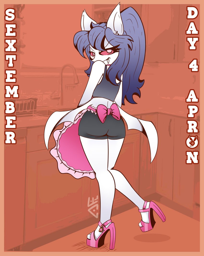 anthro apron bakery bat_wings border bottomwear clothing fangs female footwear hair high_heels kitchen membrane_(anatomy) membranous_wings orange_border platform_footwear platform_heels ponytail shoes shorts solo teeth topwear wings conditional_dnp tdfoxoo sextember bat mammal 4:5 absurd_res hi_res