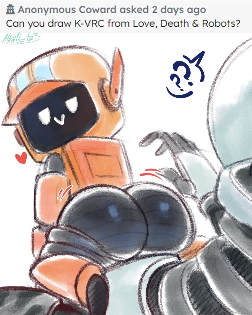 big_butt butt butt_focus duo grey_body half-closed_eyes heart_symbol looking_back machine male male/male metallic_body narrowed_eyes not_furry orange_body question_mark seductive simple_background smile text white_background mawile123 love_death_+_robots netflix k-vrc xbot_4000 humanoid robot robot_humanoid 2023 english_text hi_res