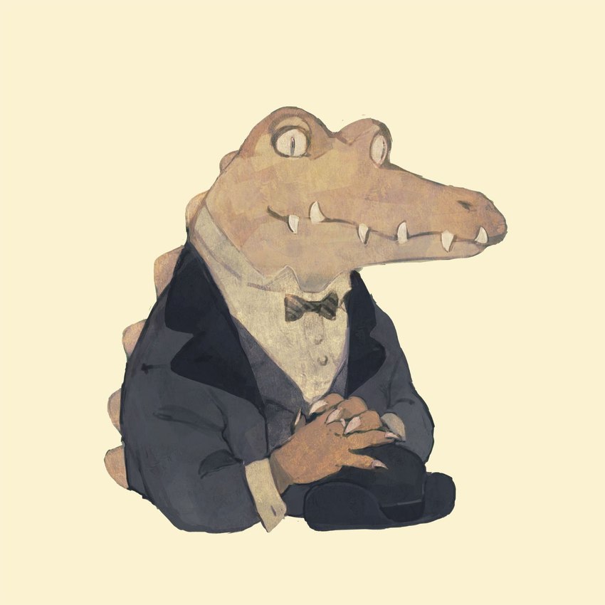 anthro back_spikes bow_(feature) bowler_hat clasped_hands classy clothing dress_shirt hat headgear headwear male necktie shirt solo spikes spikes_(anatomy) suit suit_jacket topwear rt0no crocodile crocodilian reptile scalie 1:1 digital_media_(artwork) digital_painting_(artwork) hi_res