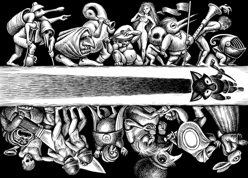 anthro bizarre clothing creepy detailed_ambient_creature detailed_background fantasy flag gas_mask group hat headgear headwear holding_object knife macro male mask melee_weapon perspective side_view silhouette staff surrealism sword symmetry_(rotational) travel walking walking_stick weapon nikraccoom canid canine canis humanoid mammal wolf cross-hatching detailed hatching_(art) monochrome shaded