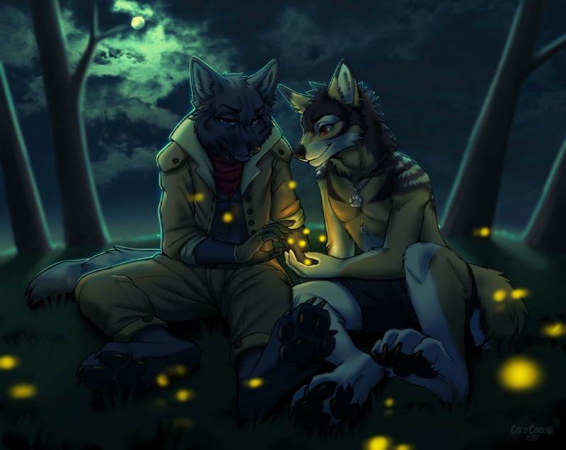 4_toes 5_fingers anthro barefoot black_nose blue_eyes clothed clothing digitigrade duo feet fingers fur grass grey_body grey_fur male night outside plant red_eyes sitting smile toes topless kero_tzuki dannydumal tanro canid canine canis domestic_dog mammal wolf 2017