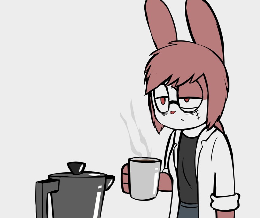 anthro beverage breasts clothing coffee coffee_mug coffee_pot container cup eye_bags eyewear facial_scar female glasses jacket monday natural_breasts red_eyes scar small_mouth solo steam tired topwear wince e254e dr._emilia_(e254e) lagomorph leporid mammal rabbit