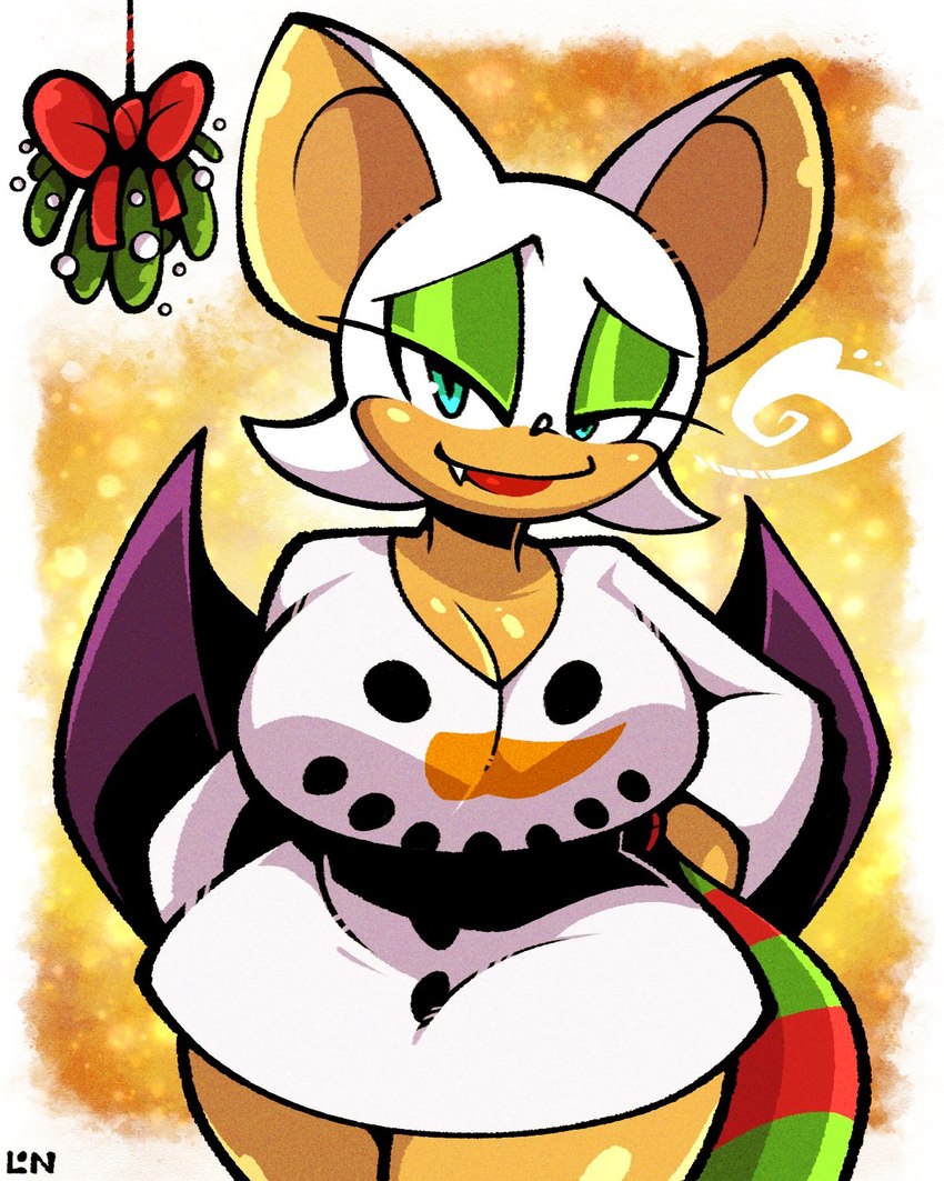 bat_wings blue_eyes breasts cleavage clothed clothing eyeshadow female fur green_eyeshadow lipstick looking_at_viewer makeup membrane_(anatomy) membranous_wings mistletoe plant red_lipstick solo tan_body tan_skin white_body white_fur wings legendofnerd sega sonic_the_hedgehog_(series) rouge_the_bat bat mammal 2022 4:5 digital_drawing_(artwork) digital_media_(artwork) hi_res signature