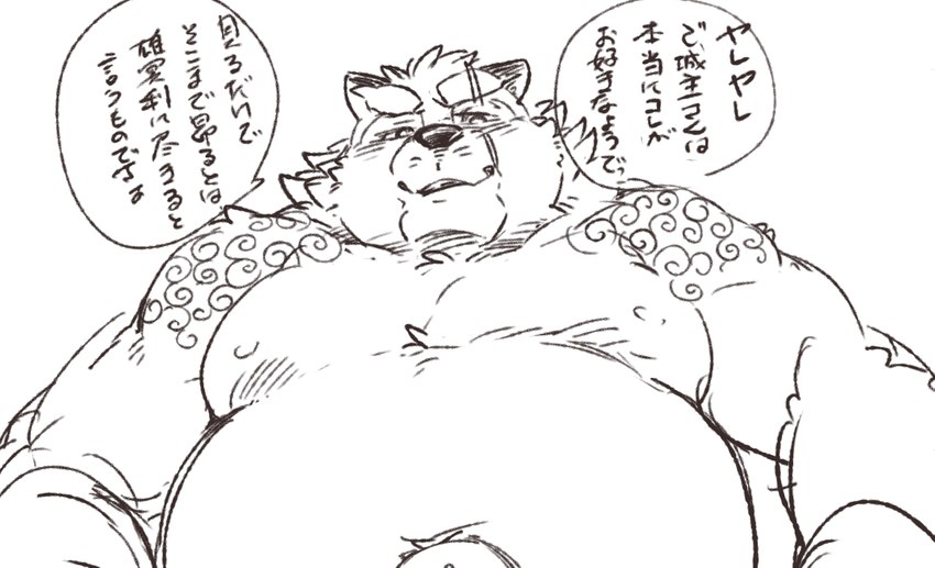 anthro barely_visible_genitalia barely_visible_penis belly genitals kemono male moobs navel nipples outie_navel overweight overweight_male penis scar simple_background solo text white_background exe_exem lifewonders tokyo_afterschool_summoners gyobu_(tas) canid canine mammal raccoon_dog tanuki 2021 digital_drawing_(artwork) digital_media_(artwork) japanese_text sketch