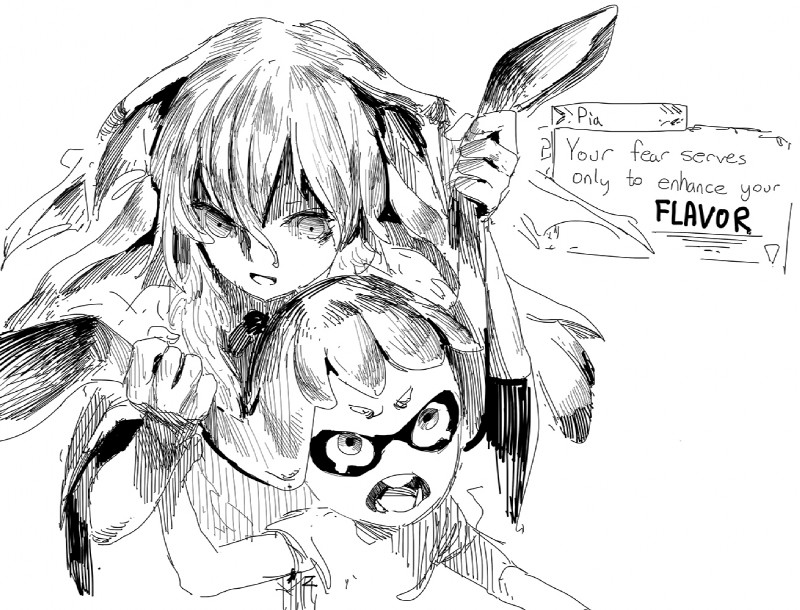 bodily_fluids dialogue duo female hair open_mouth pseudo_hair pulling_hair scary tears tentacle_hair tentacles text threatening touching_hair unknown_artist nintendo rune_factory splatoon inkling_girl pia animal_humanoid cephalopod cephalopod_humanoid humanoid inkling marine marine_humanoid mollusk mollusk_humanoid crossover english_text monochrome