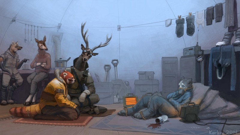 anthro antlers arctic clothed clothes_line clothing container cup detailed_background digitigrade dome electronics eyewear furgonomics goggles group handwear hood horn hung_clothing inside male mittens ossicone radio shovel sitting space_heater standing tools karbik_(artist) ailurid canid canine canis deer domestic_dog giraffid husky mammal maned_wolf nordic_sled_dog okapi red_panda spitz 16:9 hi_res widescreen