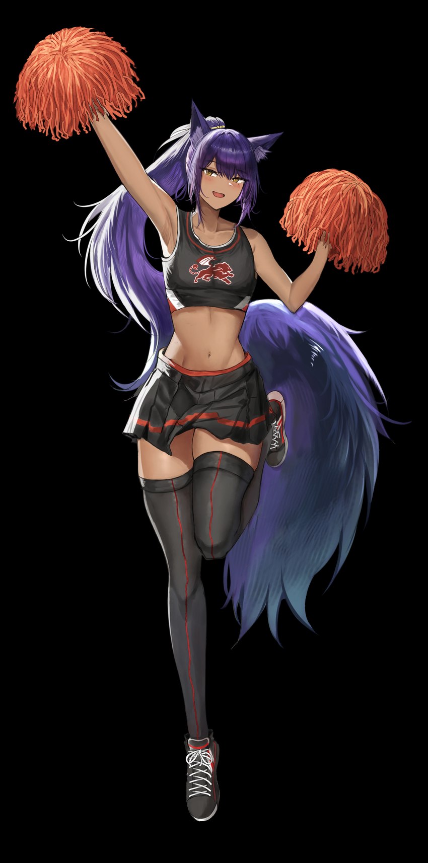 animal_ears animal_tail belly bottomwear canine_ears canine_tail cheerleader cheerleader_outfit cheerleader_pose clothing crop_top dark_body dark_skin femboy footwear hair jackal_ears jackal_tail jumping legwear organs pom_poms ponytail purple_hair seam_(sewing) shirt shoes skirt slim smile smiling_at_viewer sneakers socks squish stomach thigh_highs thigh_socks thigh_squish topwear yellow_eyes vloodozer azhar_anara animal_humanoid canid canid_humanoid canine canine_humanoid canis humanoid jackal jackal_humanoid mammal mammal_humanoid absurd_res alpha_channel hi_res